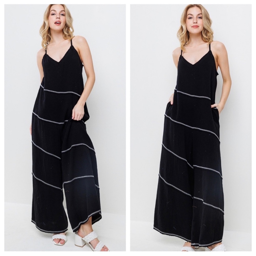 Erin Spaghetti Straps Contrast Stitch Cotton Jumpsuit